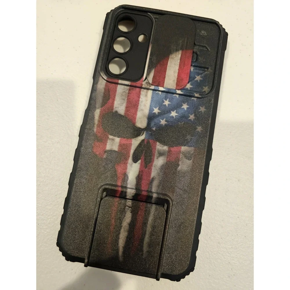 Samsung Galaxy A15 5G Case Skull American Flag Shockproof Kickstand Cover